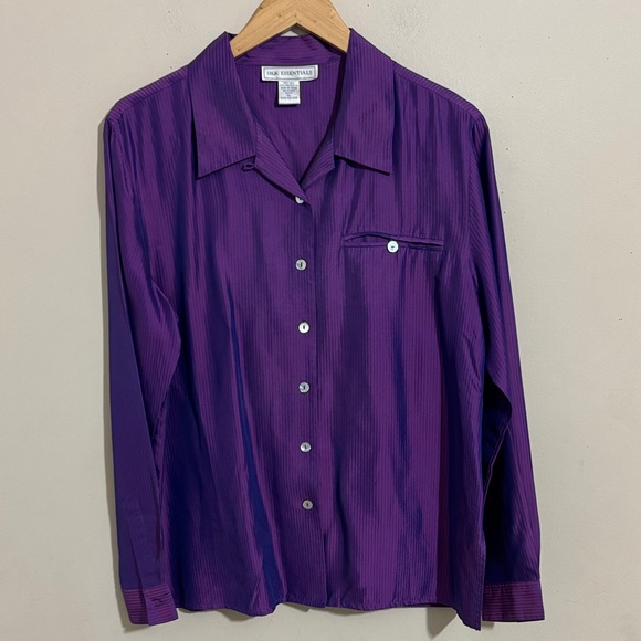 Vintage Women’s Iridescent Purple Stripe Silk Pajama Cut Button Down Top size XL - Picture 1 of 10